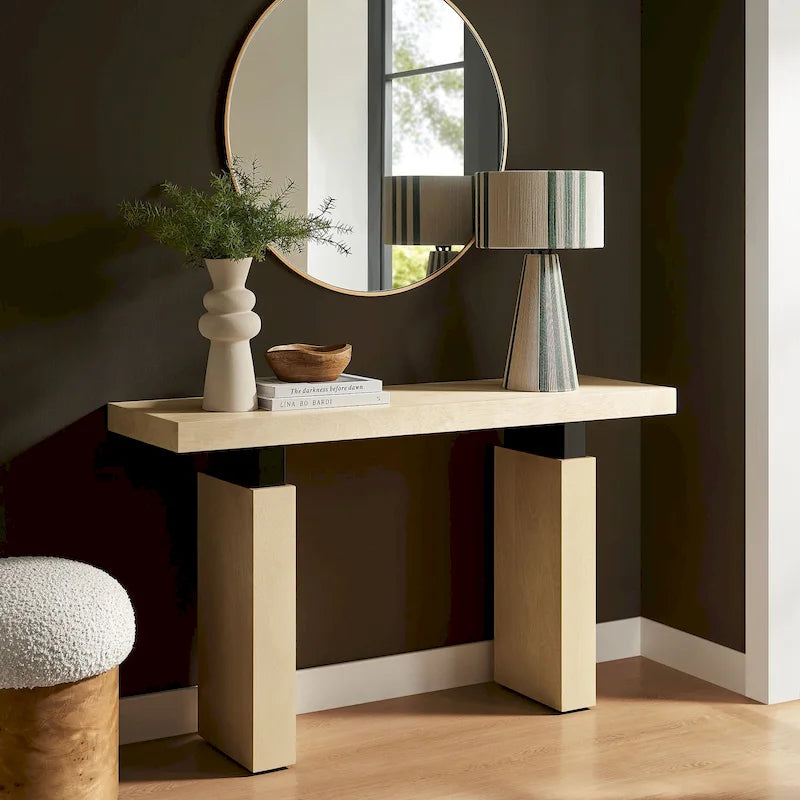 Console rectangulaire en bois naturel avec supports en métal noir mat, assemblage par 1 personne