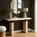 Console rectangulaire en bois naturel avec supports en métal noir mat, assemblage par 1 personne
