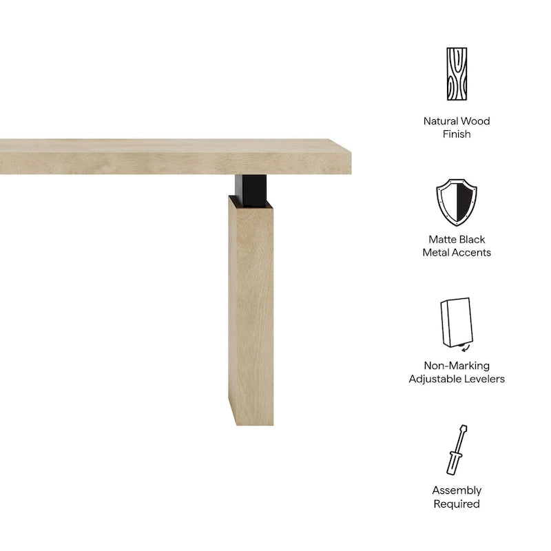 Console rectangulaire en bois naturel avec supports en métal noir mat, assemblage par 1 personne
