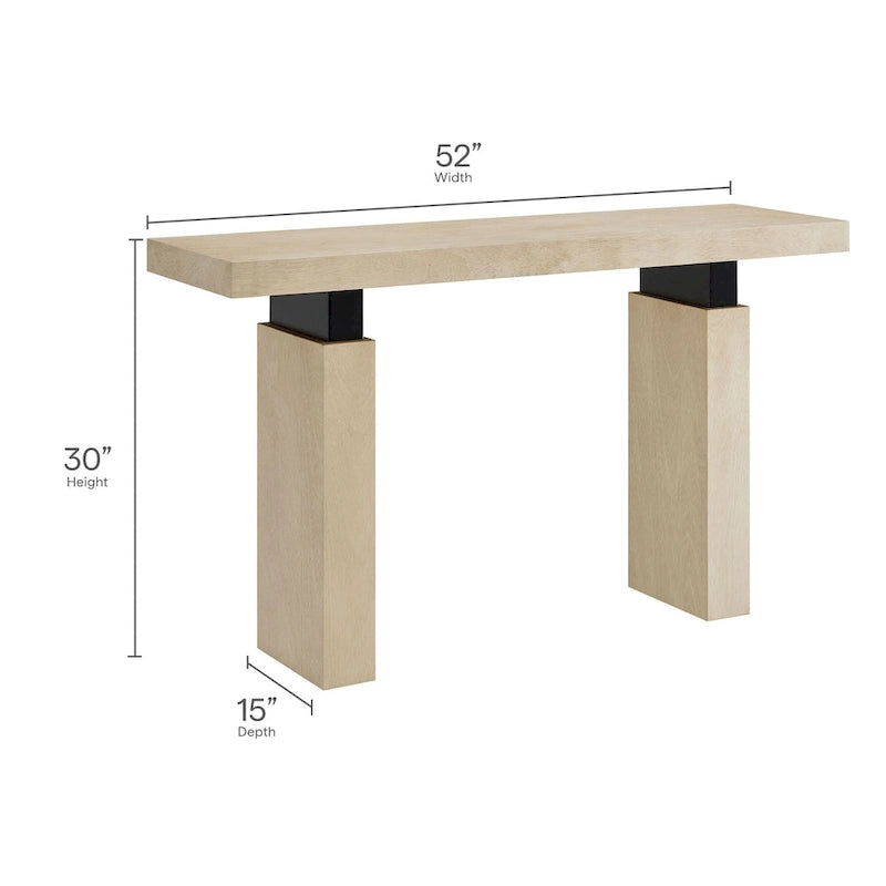 Console rectangulaire en bois naturel avec supports en métal noir mat, assemblage par 1 personne