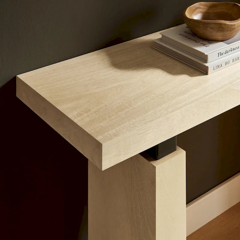 Console rectangulaire en bois naturel avec supports en métal noir mat, assemblage par 1 personne