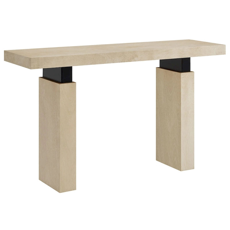 Console rectangulaire en bois naturel avec supports en métal noir mat, assemblage par 1 personne