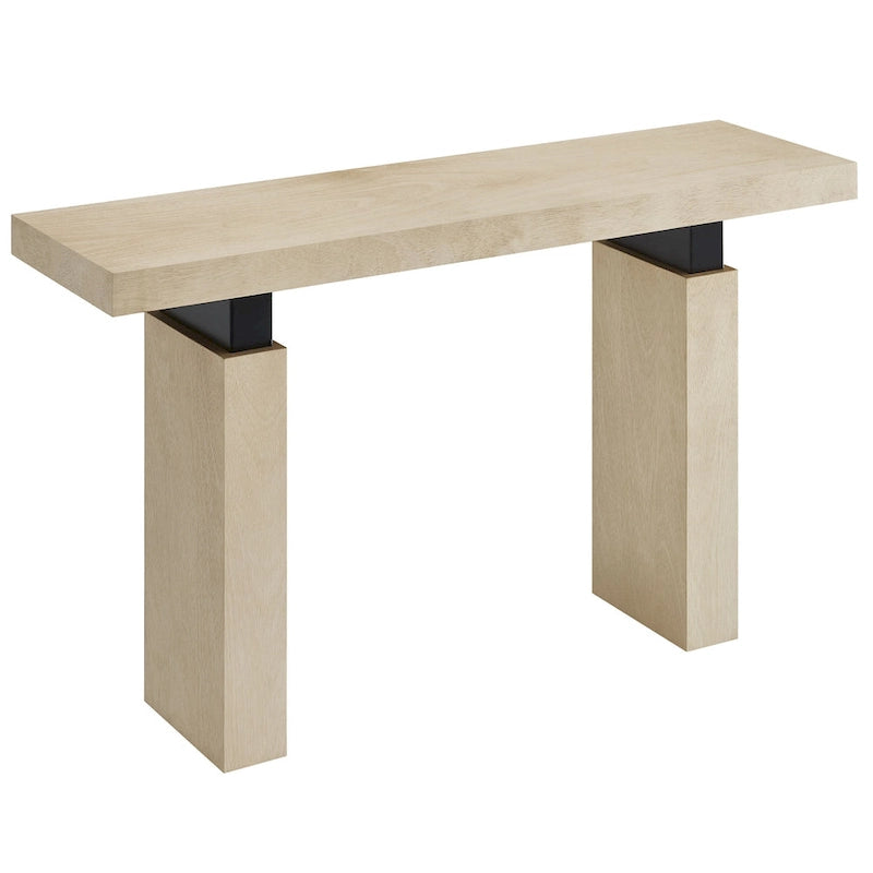 Console rectangulaire en bois naturel avec supports en métal noir mat, assemblage par 1 personne