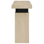 Console rectangulaire en bois naturel avec supports en métal noir mat, assemblage par 1 personne