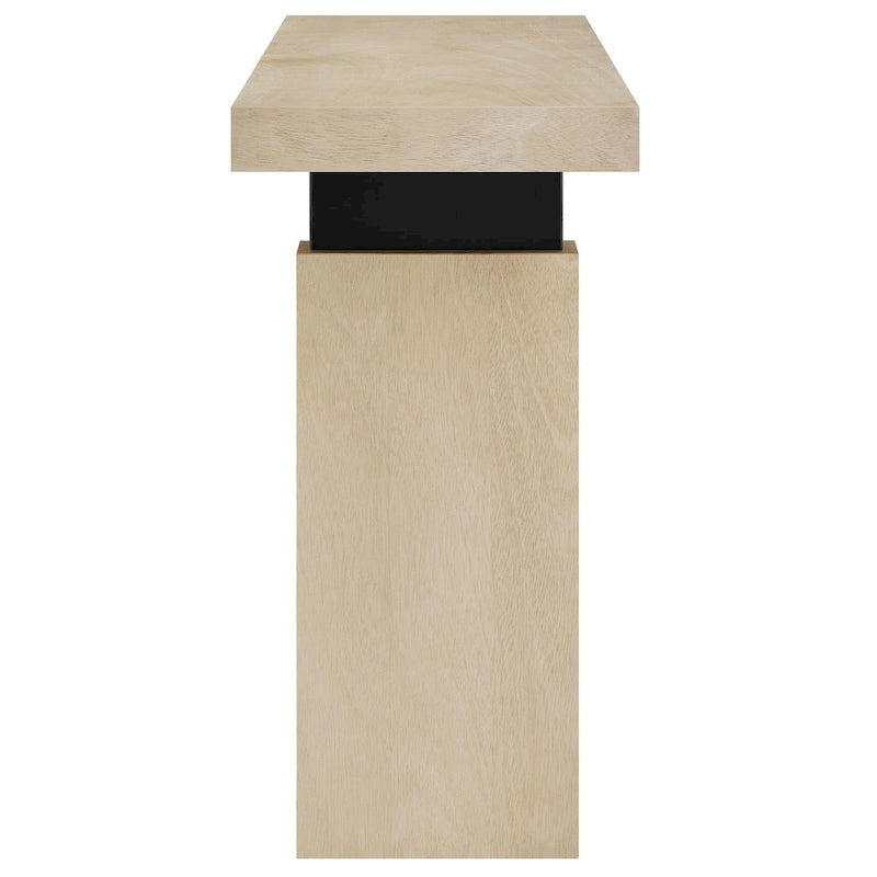 Console rectangulaire en bois naturel avec supports en métal noir mat, assemblage par 1 personne
