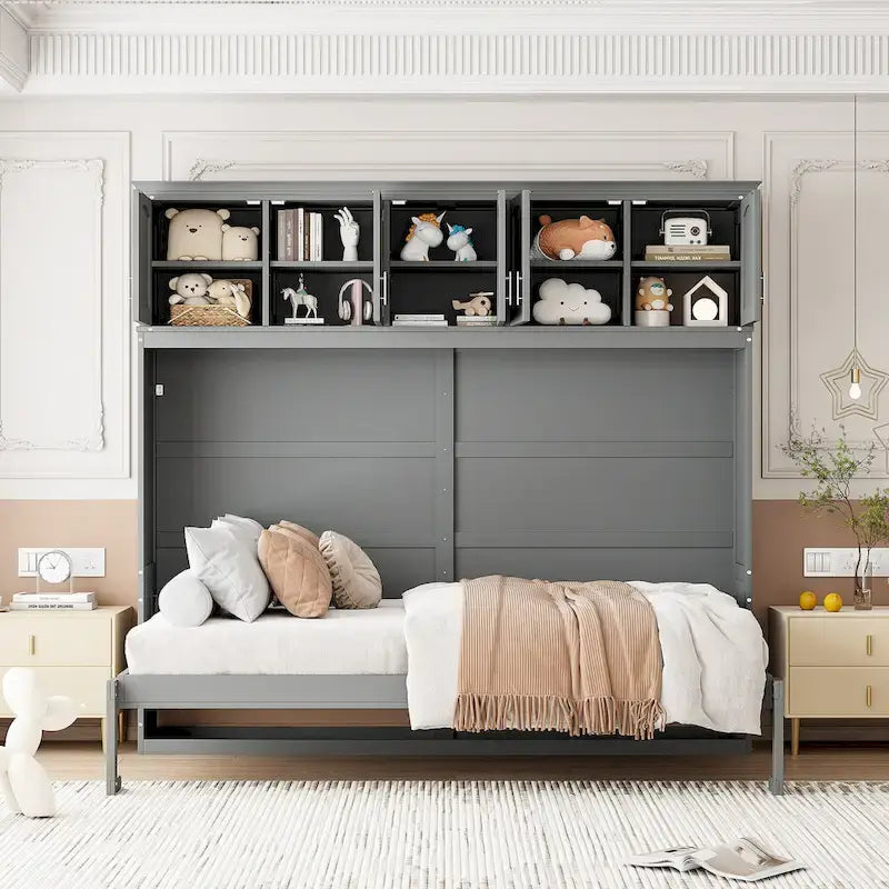 Lit mural escamotable gris Queen Size avec armoires supérieures et support à lattes en bois, assemblage par 1 personne