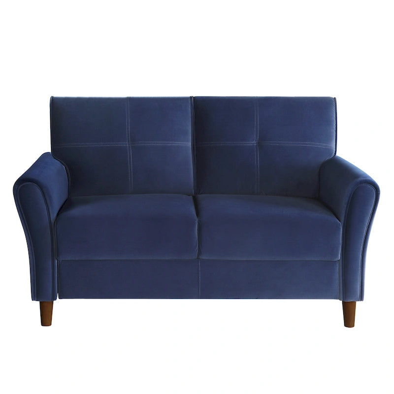 Causeuse en velours marron / bleu / gris avec dossier capitonné et accoudoirs évasés, 2 places