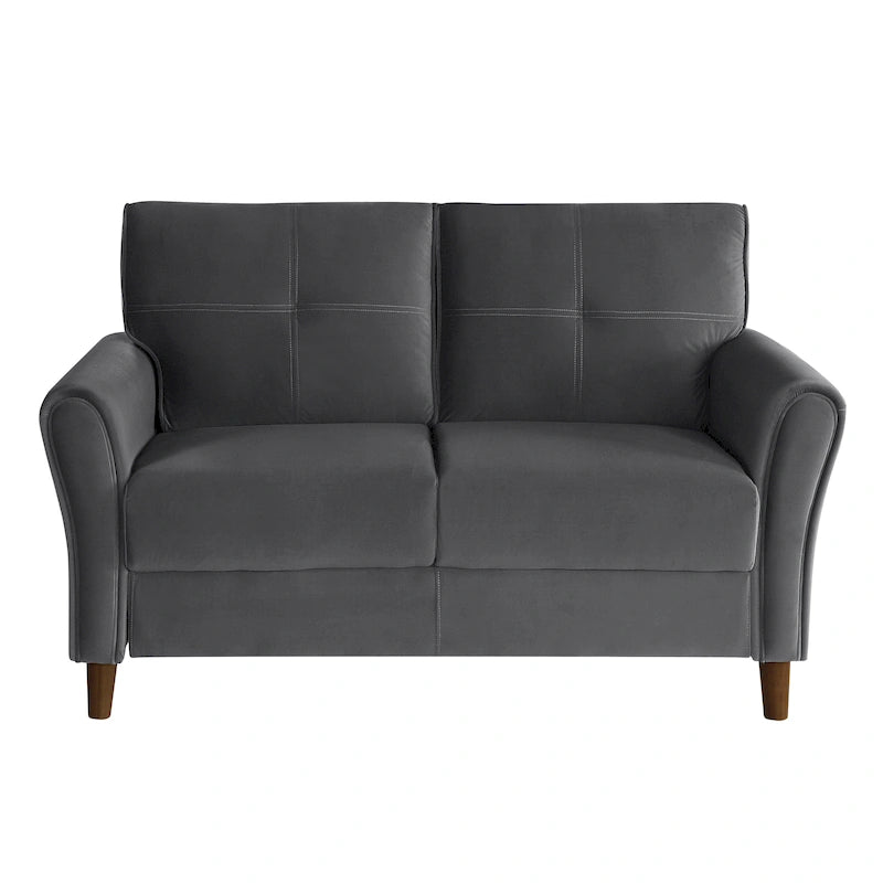 Causeuse en velours marron / bleu / gris avec dossier capitonné et accoudoirs évasés, 2 places