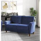 Causeuse en velours marron / bleu / gris avec dossier capitonné et accoudoirs évasés, 2 places