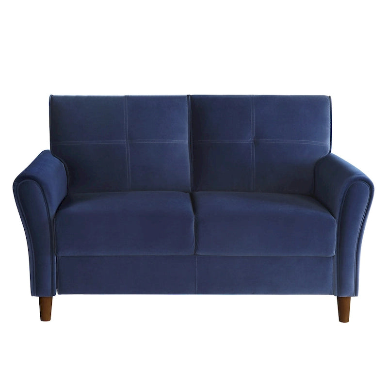Causeuse en velours marron / bleu / gris avec dossier capitonné et accoudoirs évasés, 2 places