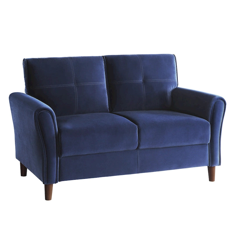 Causeuse en velours marron / bleu / gris avec dossier capitonné et accoudoirs évasés, 2 places