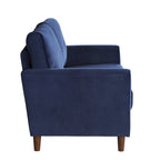 Causeuse en velours marron / bleu / gris avec dossier capitonné et accoudoirs évasés, 2 places