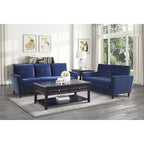 Causeuse en velours marron / bleu / gris avec dossier capitonné et accoudoirs évasés, 2 places