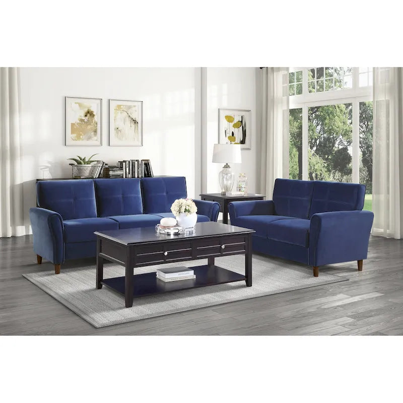 Causeuse en velours marron / bleu / gris avec dossier capitonné et accoudoirs évasés, 2 places