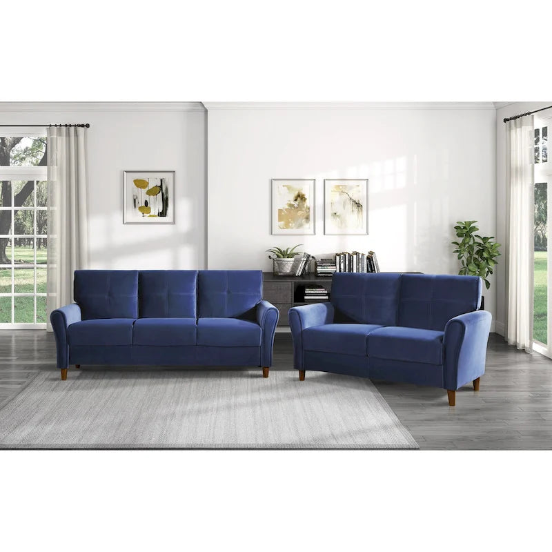 Causeuse en velours marron / bleu / gris avec dossier capitonné et accoudoirs évasés, 2 places