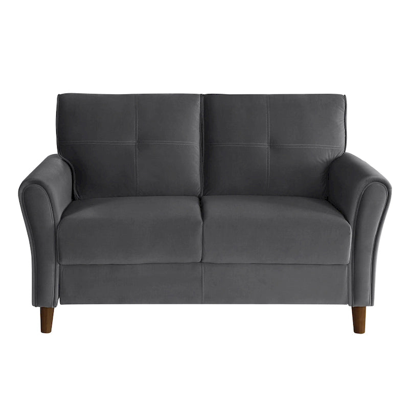 Causeuse en velours marron / bleu / gris avec dossier capitonné et accoudoirs évasés, 2 places