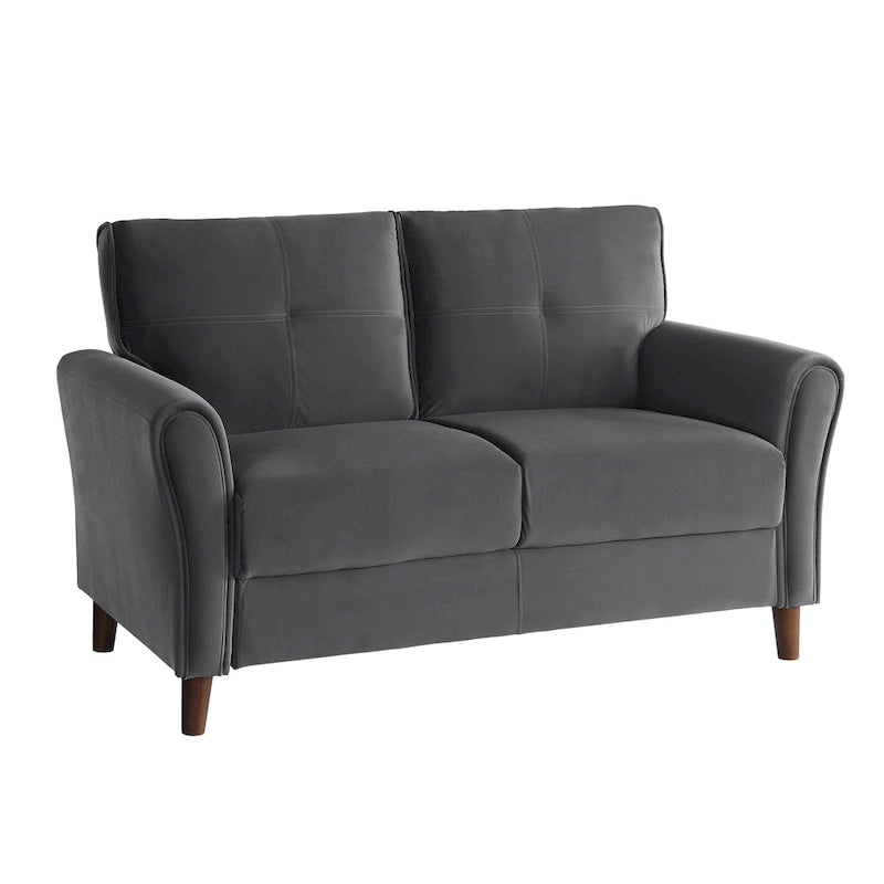 Causeuse en velours marron / bleu / gris avec dossier capitonné et accoudoirs évasés, 2 places