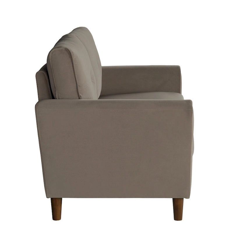Causeuse en velours marron / bleu / gris avec dossier capitonné et accoudoirs évasés, 2 places