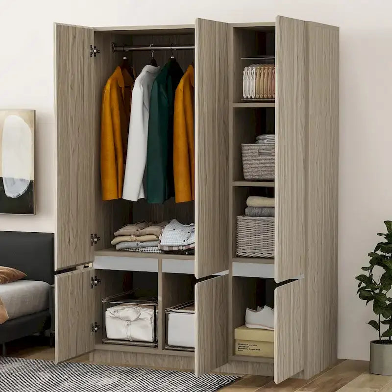 Armoire autoportante naturelle à 6 portes avec tringle à vêtements et 7 compartiments, assemblage par 2 personnes