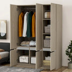 Armoire autoportante naturelle à 6 portes avec tringle à vêtements et 7 compartiments, assemblage par 2 personnes