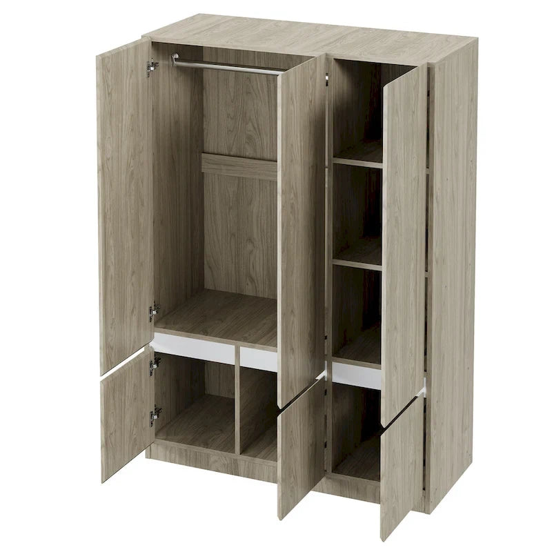 Armoire autoportante naturelle à 6 portes avec tringle à vêtements et 7 compartiments, assemblage par 2 personnes