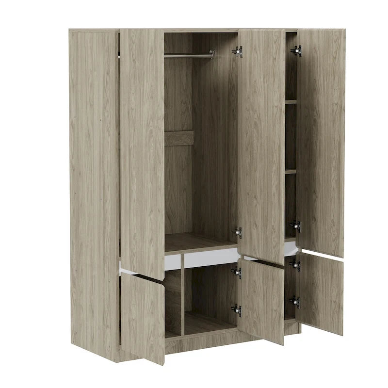 Armoire autoportante naturelle à 6 portes avec tringle à vêtements et 7 compartiments, assemblage par 2 personnes