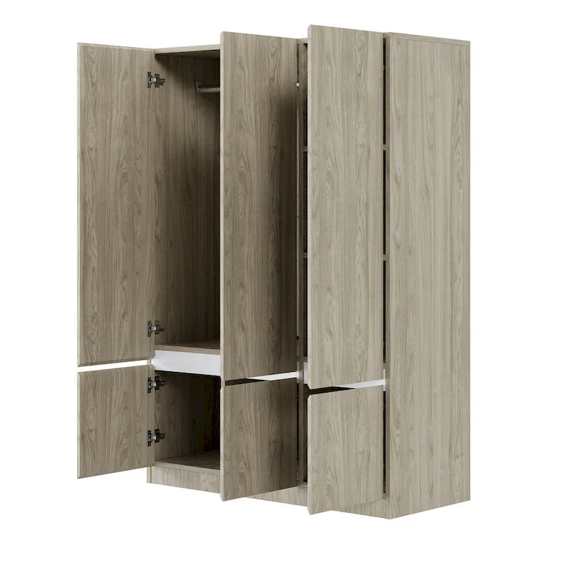 Armoire autoportante naturelle à 6 portes avec tringle à vêtements et 7 compartiments, assemblage par 2 personnes