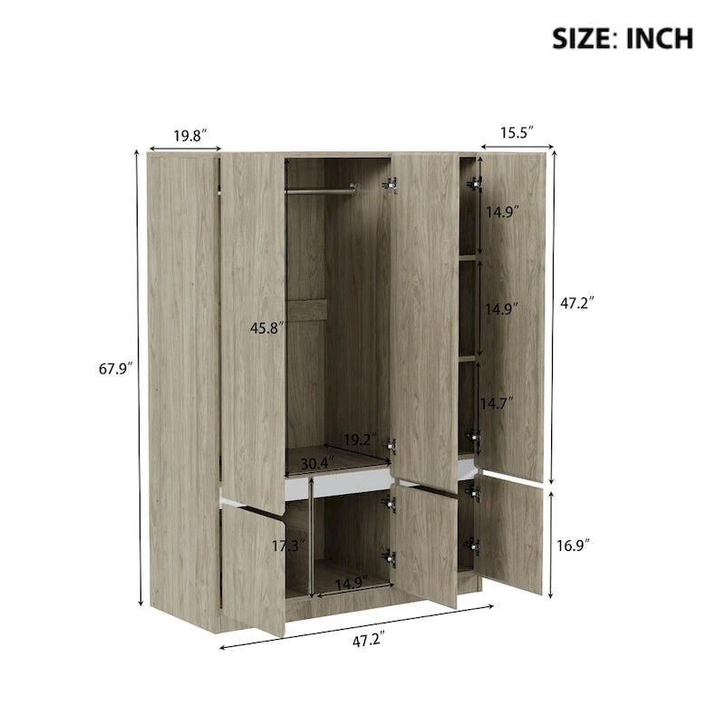 Armoire autoportante naturelle à 6 portes avec tringle à vêtements et 7 compartiments, assemblage par 2 personnes