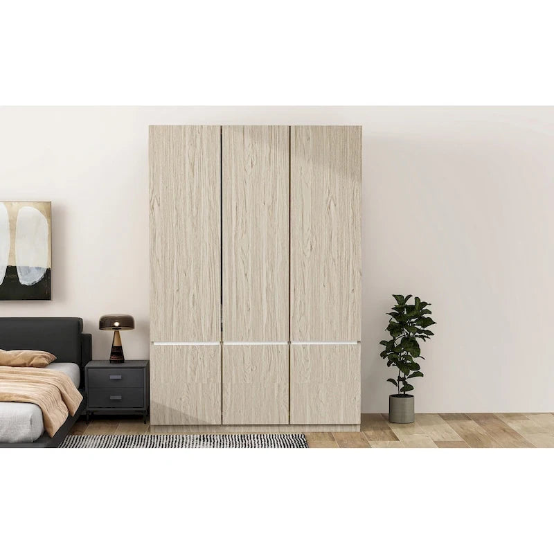 Armoire autoportante naturelle à 6 portes avec tringle à vêtements et 7 compartiments, assemblage par 2 personnes