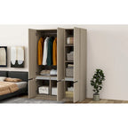 Armoire autoportante naturelle à 6 portes avec tringle à vêtements et 7 compartiments, assemblage par 2 personnes