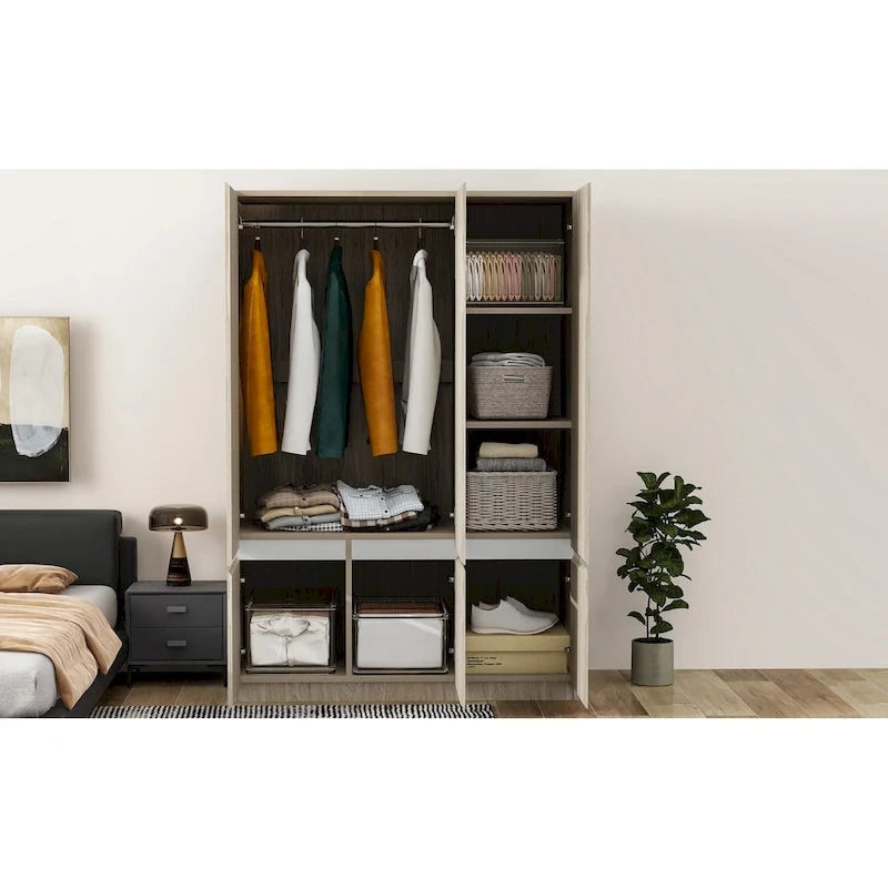 Armoire autoportante naturelle à 6 portes avec tringle à vêtements et 7 compartiments, assemblage par 2 personnes