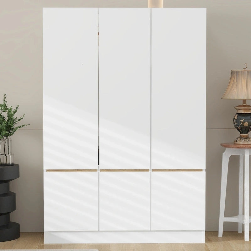 Armoire autoportante naturelle à 6 portes avec tringle à vêtements et 7 compartiments, assemblage par 2 personnes