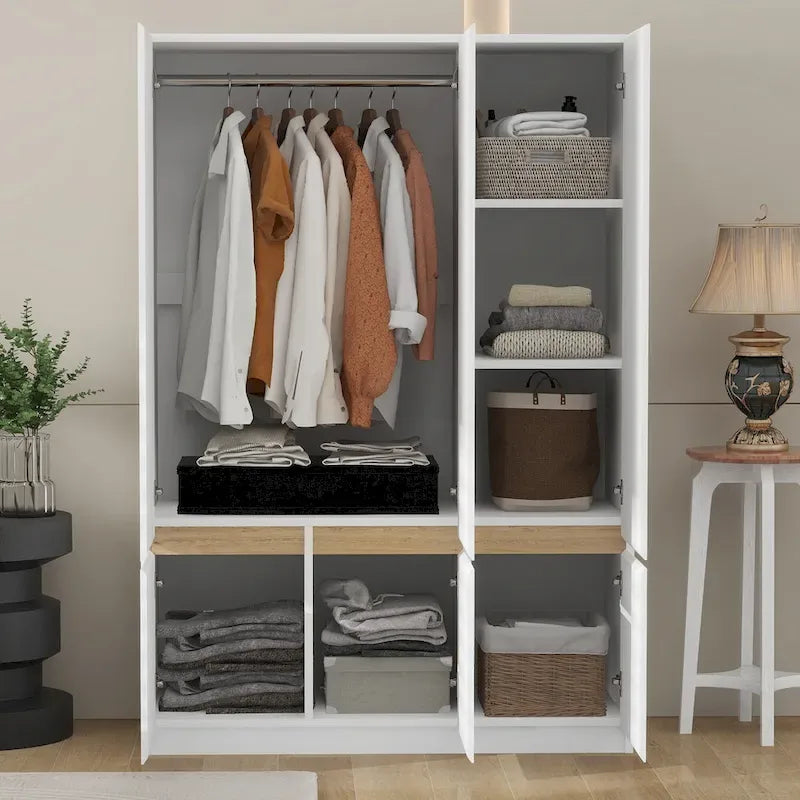 Armoire autoportante naturelle à 6 portes avec tringle à vêtements et 7 compartiments, assemblage par 2 personnes