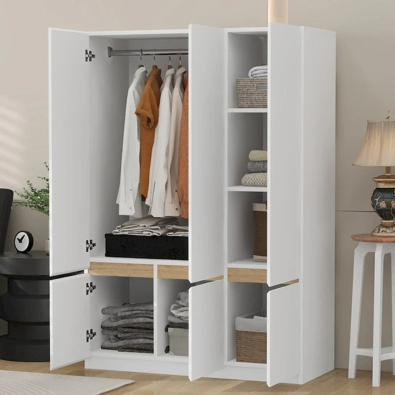 Armoire autoportante naturelle à 6 portes avec tringle à vêtements et 7 compartiments, assemblage par 2 personnes