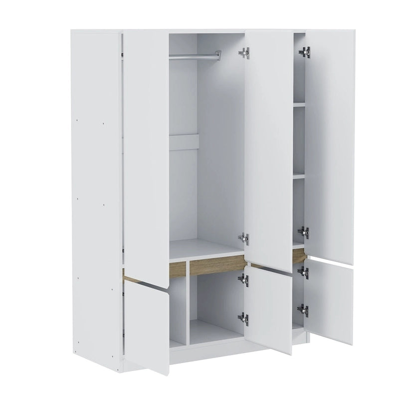 Armoire autoportante naturelle à 6 portes avec tringle à vêtements et 7 compartiments, assemblage par 2 personnes