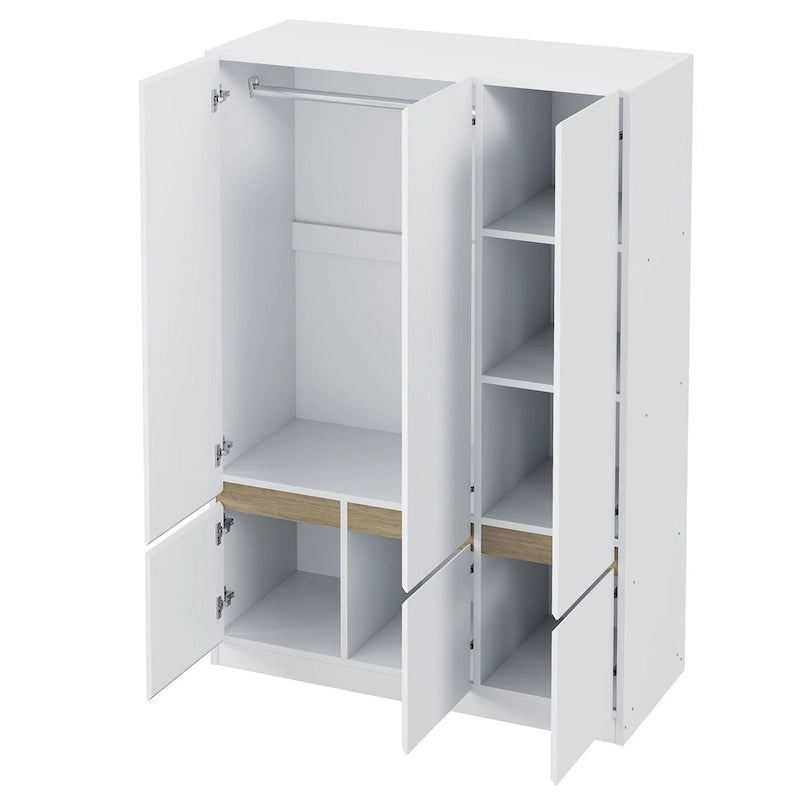 Armoire autoportante naturelle à 6 portes avec tringle à vêtements et 7 compartiments, assemblage par 2 personnes