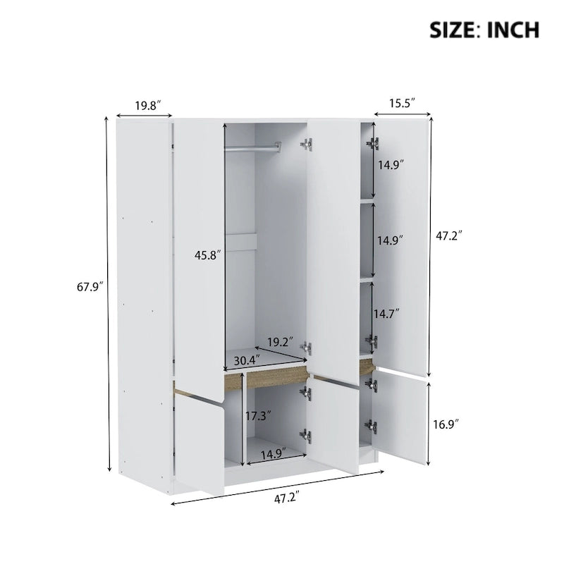 Armoire autoportante naturelle à 6 portes avec tringle à vêtements et 7 compartiments, assemblage par 2 personnes
