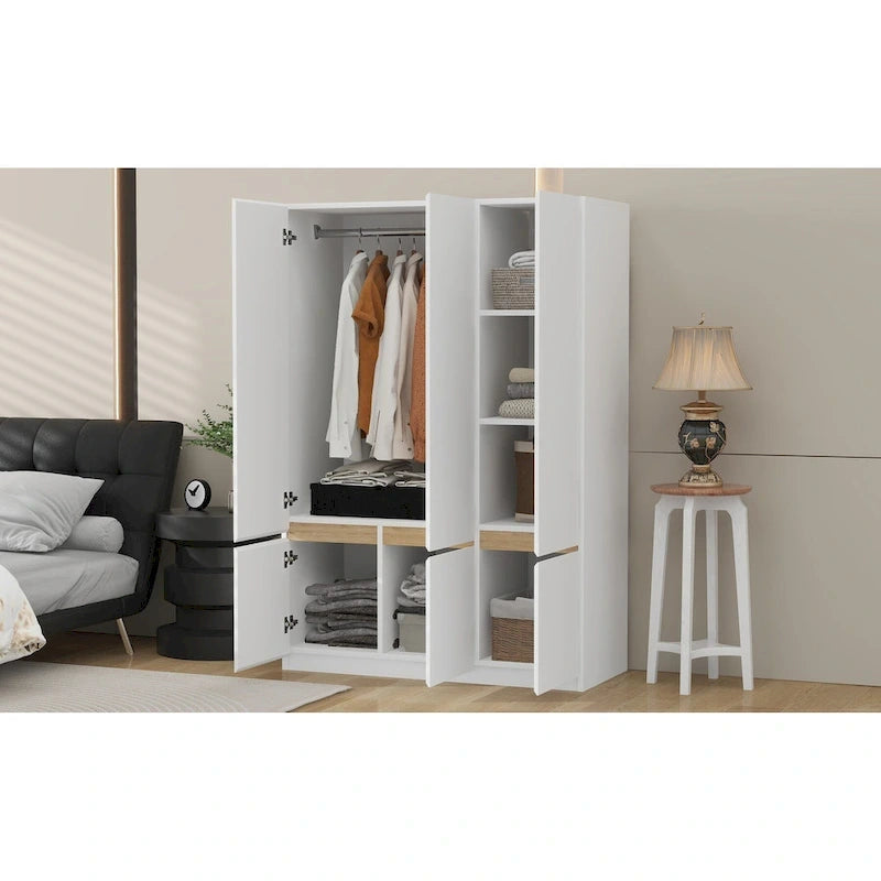 Armoire autoportante naturelle à 6 portes avec tringle à vêtements et 7 compartiments, assemblage par 2 personnes