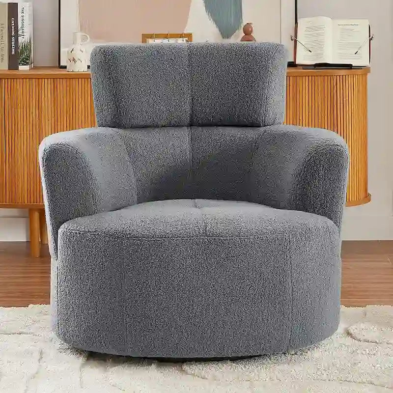 Fauteuil d'appoint pivotant à 360° en polaire berbère vert / jaune / crème / gris avec appuie-tête réglable, 1 place