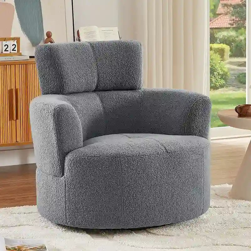 Fauteuil d'appoint pivotant à 360° en polaire berbère vert / jaune / crème / gris avec appuie-tête réglable, 1 place