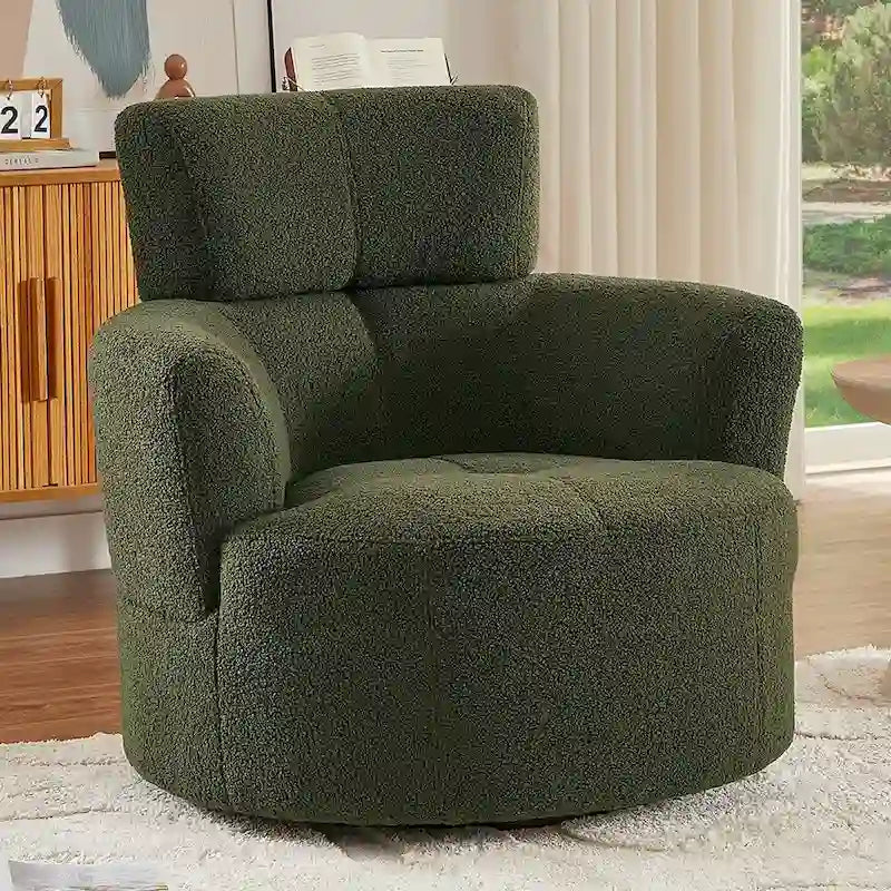 Fauteuil d'appoint pivotant à 360° en polaire berbère vert / jaune / crème / gris avec appuie-tête réglable, 1 place