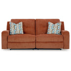 Canapé inclinable manuel en polyester couleur épice-orangée avec dossier capitonné et 2 coussins décoratifs, 3 places