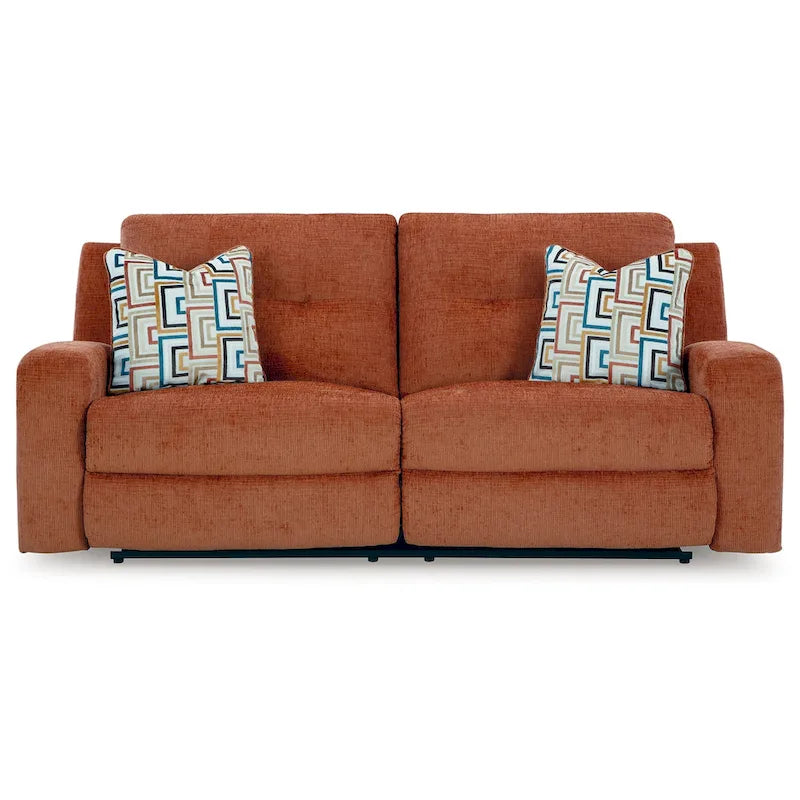 Canapé inclinable manuel en polyester couleur épice-orangée avec dossier capitonné et 2 coussins décoratifs, 3 places