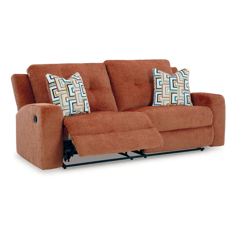 Canapé inclinable manuel en polyester couleur épice-orangée avec dossier capitonné et 2 coussins décoratifs, 3 places