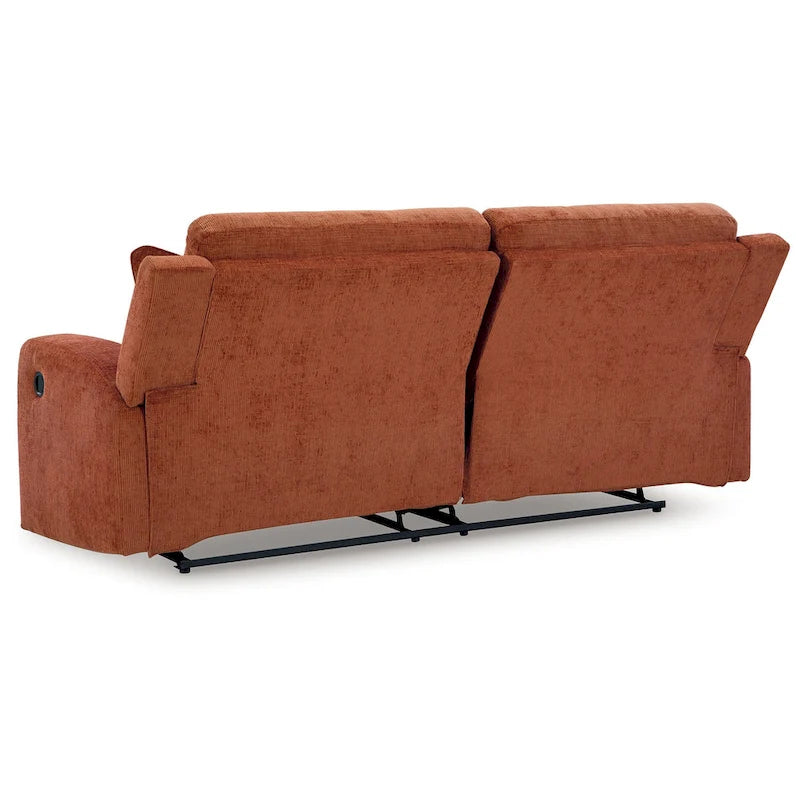 Canapé inclinable manuel en polyester couleur épice-orangée avec dossier capitonné et 2 coussins décoratifs, 3 places