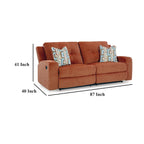 Canapé inclinable manuel en polyester couleur épice-orangée avec dossier capitonné et 2 coussins décoratifs, 3 places