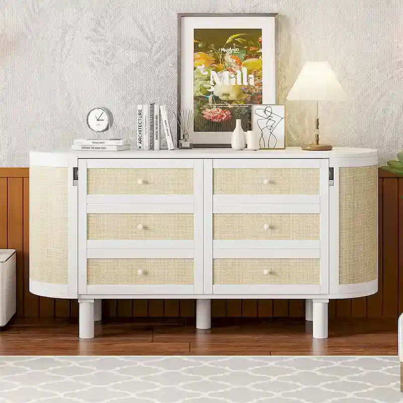 Lit mural escamotable blanc/gris avec façades de tiroirs en rotin et armoires de rangement latérales doubles, pour lit double/grand lit, assemblage par 2 personnes