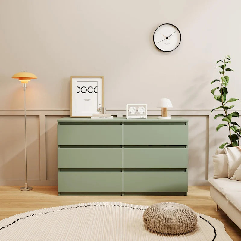 Commode à 6 tiroirs en MDF vert/gris/blanc/rose avec revêtement décoratif, montage par 1 personne