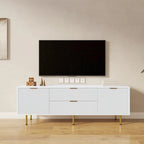 Meuble TV blanc de 160 cm avec 2 tiroirs à fermeture douce et surface brillante, assemblage par 1 personne