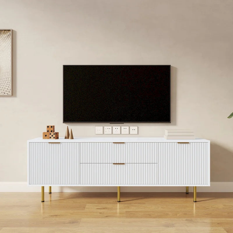 Meuble TV blanc de 160 cm avec 2 tiroirs à fermeture douce et surface brillante, assemblage par 1 personne
